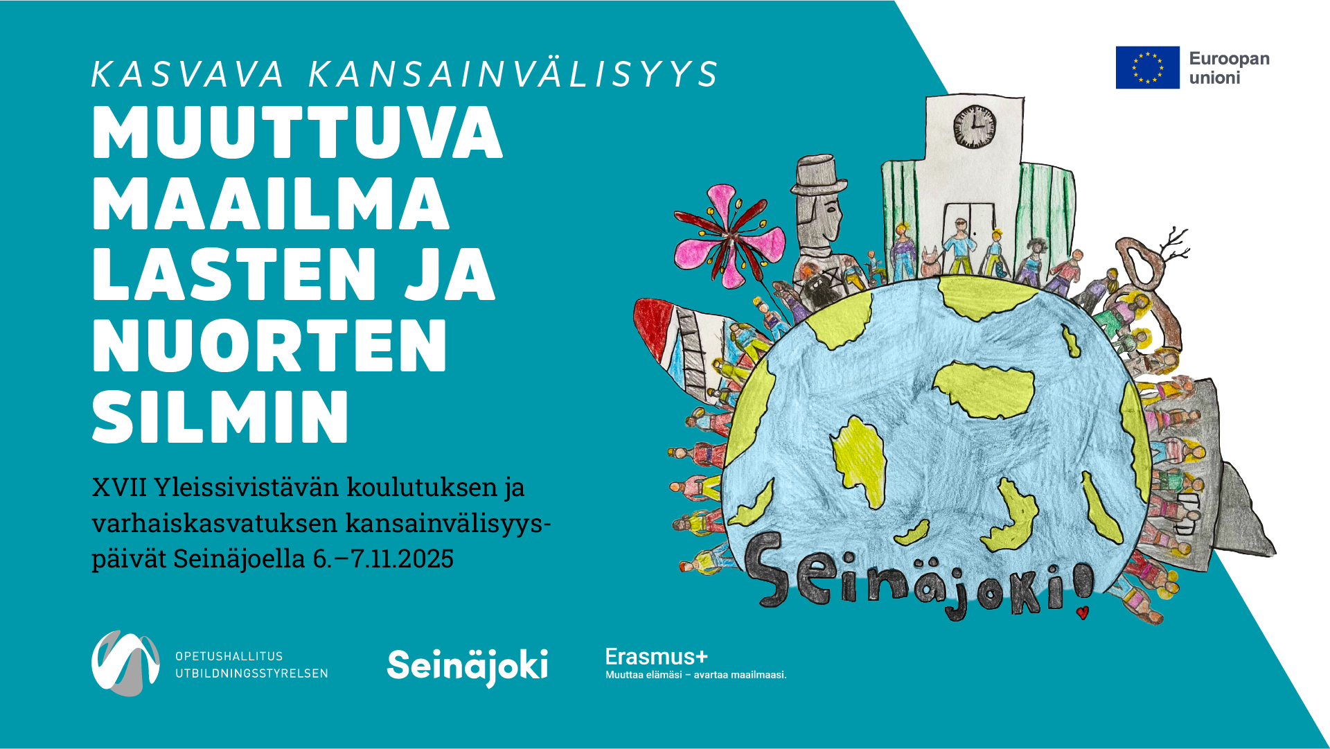 Piirretty kuva maapallosta, jonkapinnalla näkyy ihmisiä ja maailman eri paikkoja